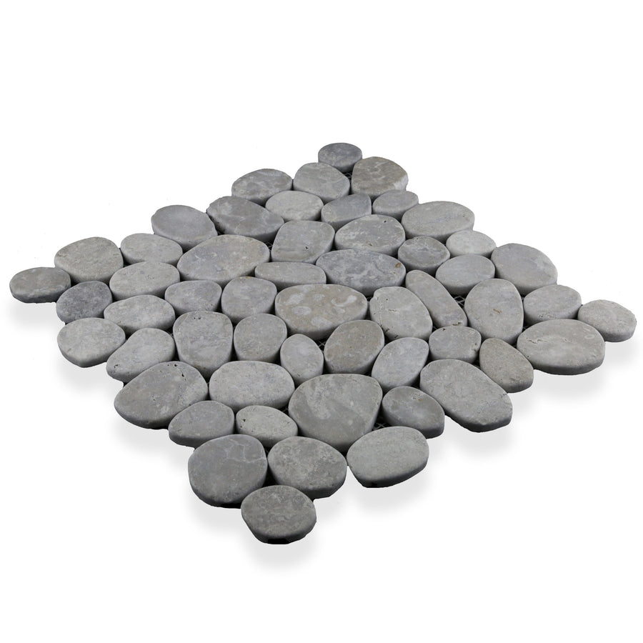 The Cobbles 11 3/4 x 11 3/4 Natural Stone mat features smooth, round gray river stones arranged tightly together on a white background, mimicking the look of natural pebble tile.