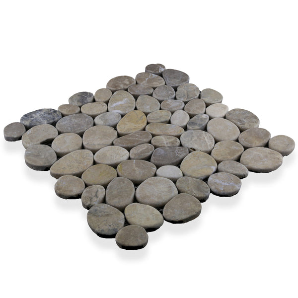 The Cobbles 11 3/4 x 11 3/4 Natural Stone tile sheet features smooth, rounded river stones in grey and beige, creating a striking mosaic for a natural stone look in any space.