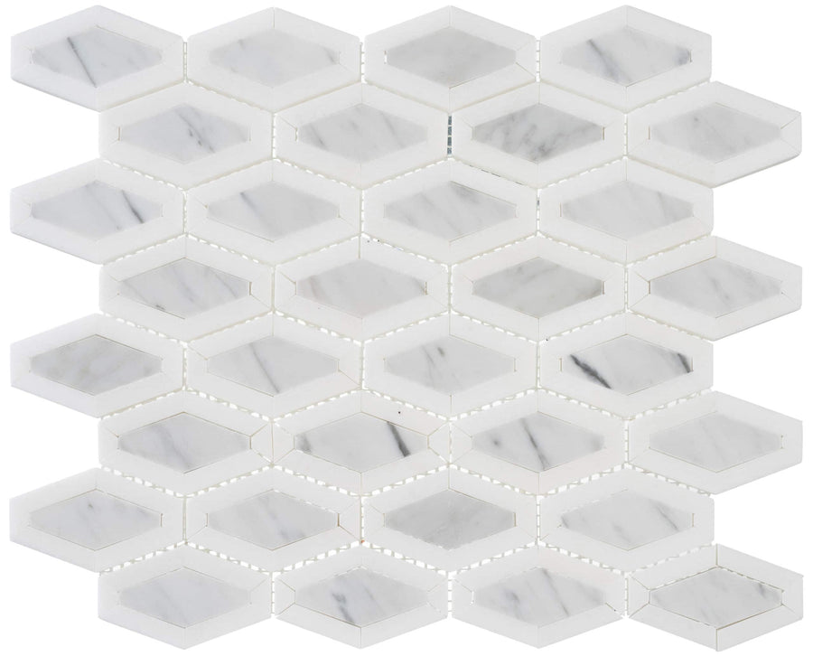 The Garden Party Marble Mosaic features hexagonal white marble tiles with subtle grey veining, arranged in a beehive-inspired mosaic pattern with thin white grout lines for a sophisticated geometric look.