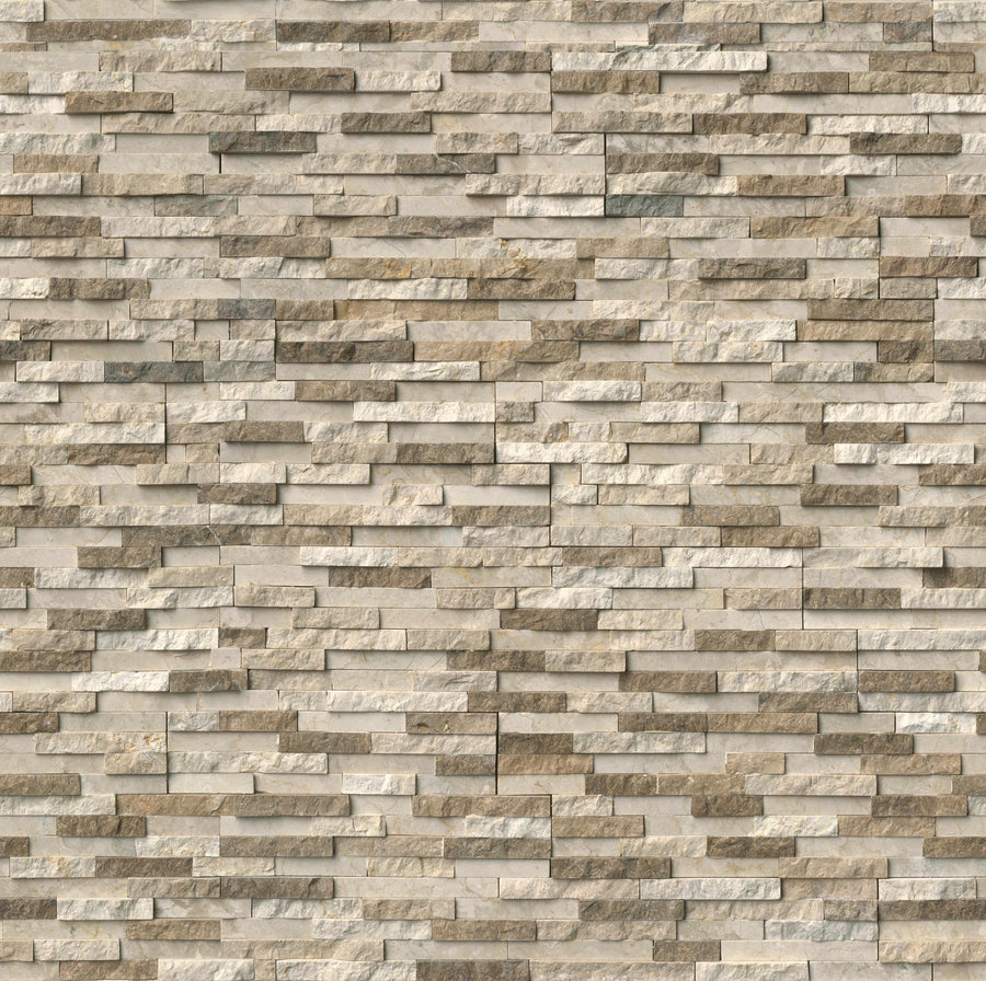 A wall design using Landscape 6x24 Natural Stone Ledger Panel, with split face beige and light brown tiles arranged horizontally in a staggered layout for a textured effect.