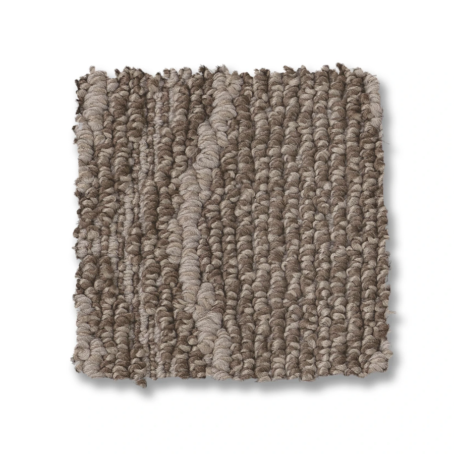 A square sample of Cozy Cable Berber Carpet showcases a durable looped pile with brown and beige tones, featuring subtle color variations and texture—perfect for high traffic areas.