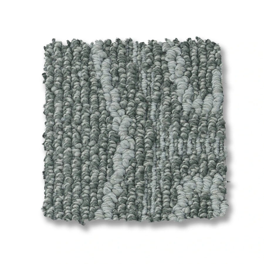 A square Cozy Cable Berber Carpet swatch with a durable looped cable texture in gray tones and a subtle wavy pattern—ideal for high-traffic areas—is shown on a white background.
