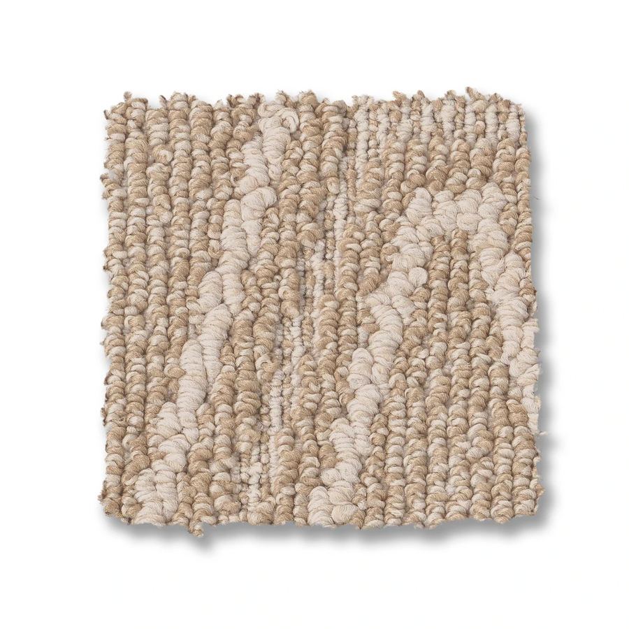 A square swatch of Cozy Cable Berber Carpet displays a beige and cream looped cable pattern with a raised, bumpy texture and subtle diagonal stripes, making it ideal for high-traffic areas. The background is white.