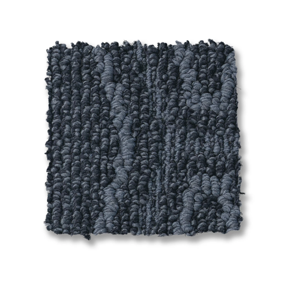 A square sample of Cozy Cable Berber Carpet, shown in dark gray and black with a durable looped cable texture ideal for high-traffic areas, photographed against a white background.