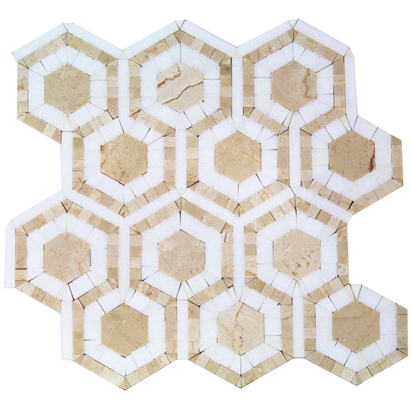 The EVO Hex Stone Mosaic features beige and white stones in a geometric hexagon pattern with concentric rings, creating a seamless honeycomb design—ideal for kitchen backsplashes.
