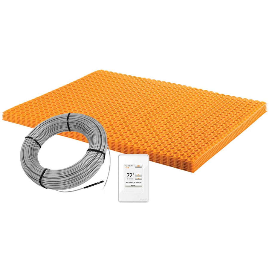 Schluter Ditra Heat, an orange uncoupling membrane with a roll of wire, is perfect for electric floor warming and extra waterproofing.