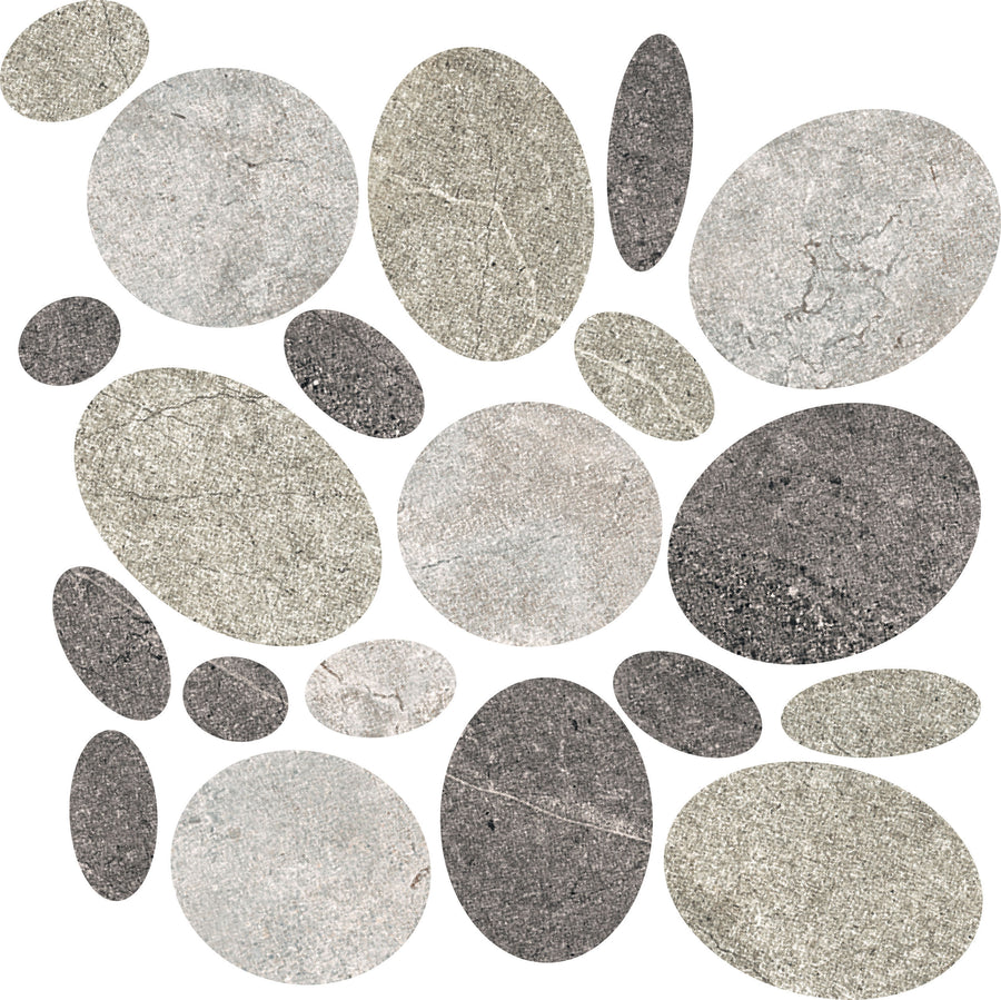 The Santorini Pebble Mosaic Porcelain Tile features oval and round shapes in gray and beige, artfully arranged on a white background to highlight their natural, tactile surfaces.