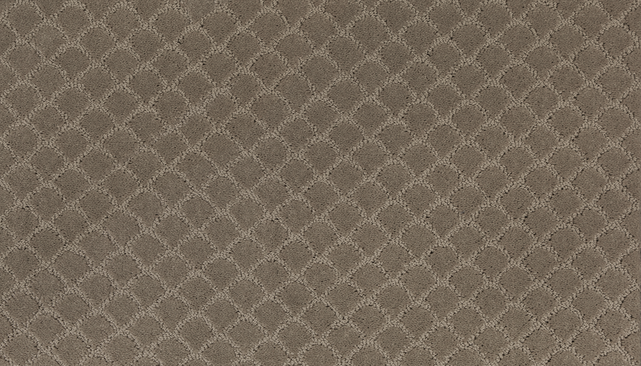 Close-up of Design Paradise Family Friendly Carpet in earth tones, showing a luxurious, soft look with a diamond lattice pattern, raised textured lines, and small dots. Inviting and uniform—perfect for family spaces.