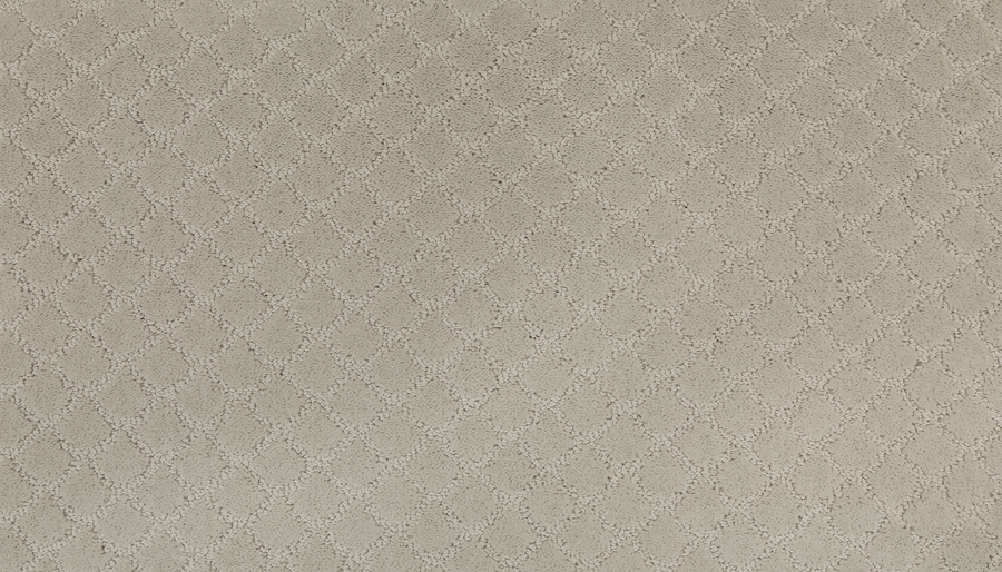 Design Paradise Family Friendly Carpet features a beige color with a subtle diamond lattice in earth tones, offering a soft texture and gently raised geometric pattern for comfort and style.