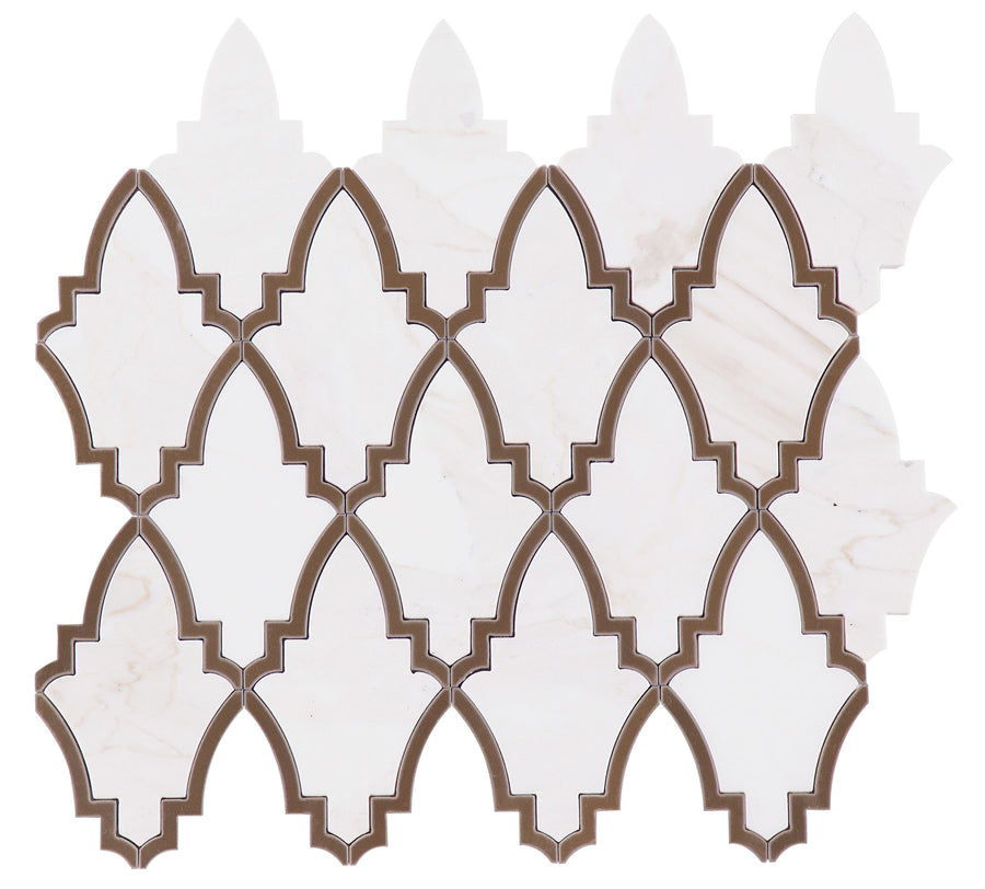 A sheet of Dolomite with Brass Polished Mosaic features white and beige marble with natural veining, arranged in a repeating lantern pattern and accented by elegant brass outlines.