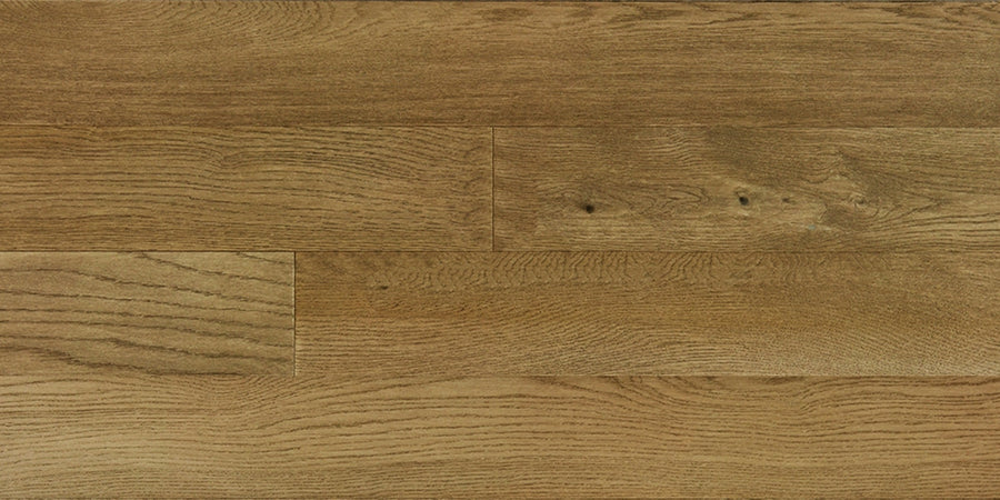 Dorchester White Oak 6 1/2" Hardwood features medium brown engineered planks with a natural wood grain, subtle knots, and rustic texture for a polished look. Three wide planks are arranged horizontally, inspired by classic White Oak design.