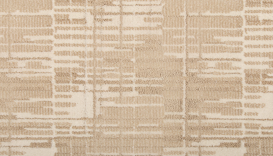 The Tartan Veil On Trend Carpet blends beige and cream tones with an abstract grid pattern of overlapping lines, adding modern style to any space.