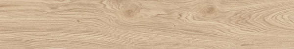 The Prestige 8x48 Wood Plank Tile features a light brown natural finish with swirling grain patterns and knots, creating the authentic texture and look of contemporary wood flooring.