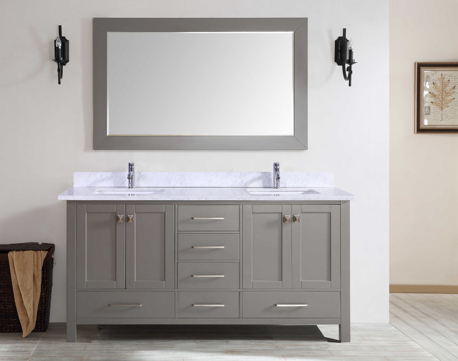 The Aberdeen 84" Double Bowl Vanity features a gray double-sink design, marble countertop, large rectangular mirror, two black wall sconces, and a wicker laundry basket with towels on the left for a luxury feel.