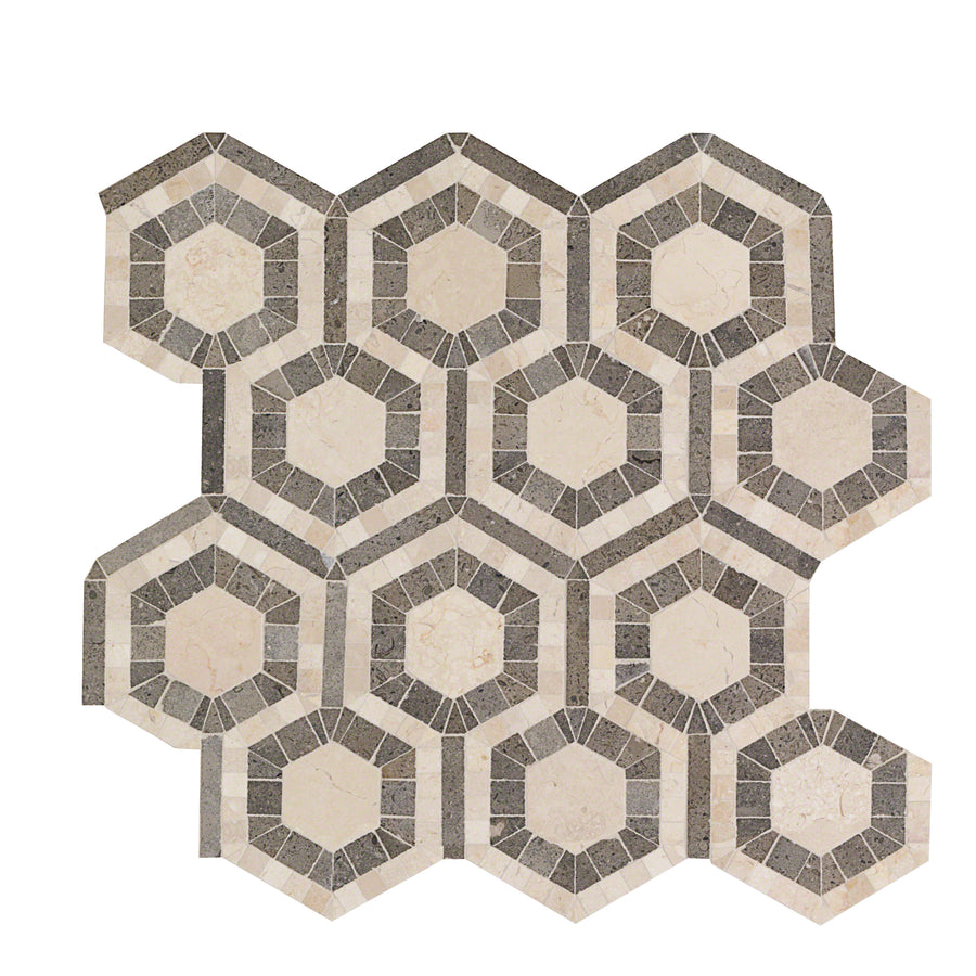 The EVO Hex Stone Mosaic features a repeating hexagon pattern with beige centers and dark and light gray rings, making it an ideal choice for a modern, eye-catching kitchen backsplash.