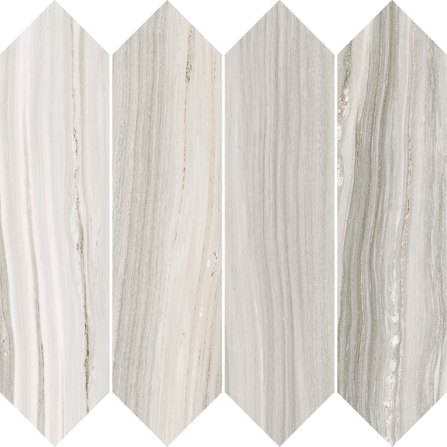 Element Picket Matte Mosaic Tile features alternating vertical strips of light and medium gray marble with natural veining. The matte finish and arrow-like edges create a bold chevron zigzag pattern for a striking visual effect.