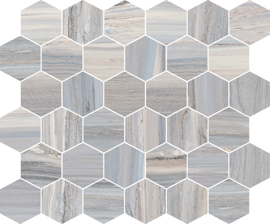 Element 2" Hexagon Matte Mosaic Tile features a honeycomb pattern and marble-like streaks in light gray, beige, and white for a modern look—ideal for kitchens, bathrooms, or pairing with natural wood grain tile accents.