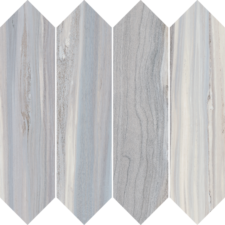 Element Picket Matte Mosaic Tile features a chevron pattern with alternating panels of light gray, blue, and beige marble in a matte finish, arranged in a zigzag design on a white background.