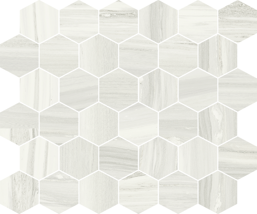 The Element 2" Hexagon Matte Mosaic Tile features hexagonal, marble-textured pieces in varying white and light gray shades, ideal for kitchens or bathrooms to achieve a subtle, natural stone look with a stylish honeycomb pattern.