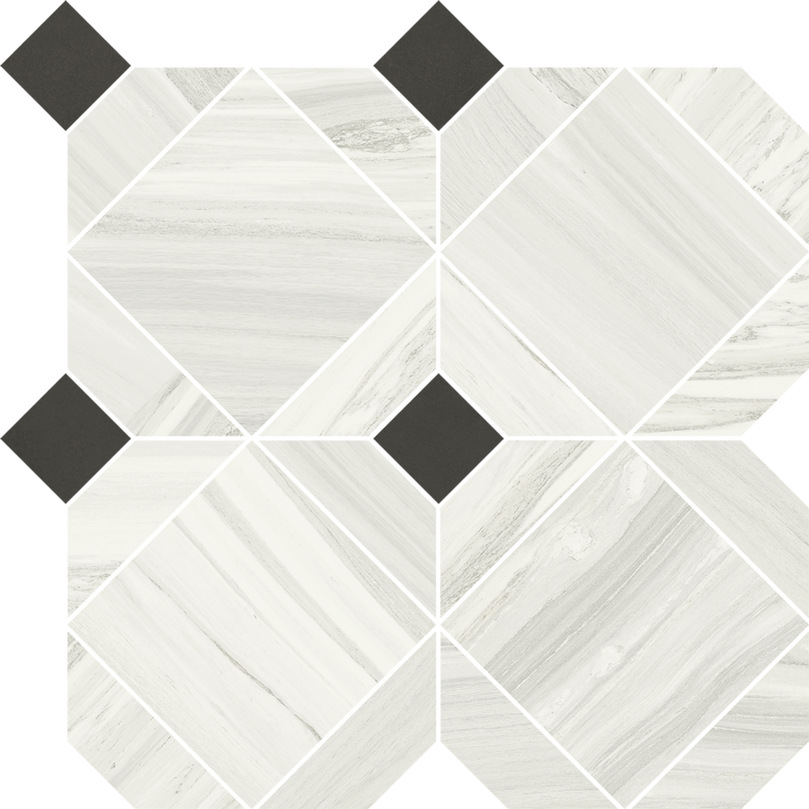 The Element Metric Matte Mosaic Tile features large white and gray marbled diamonds, slim borders, and black squares at intersections for a modern geometric look with subtle, elegant matte mosaic details.