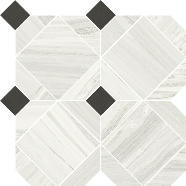 The Element Metric Matte Mosaic Tile features large white and gray marbled diamonds, slim borders, and black squares at intersections for a modern geometric look with subtle, elegant matte mosaic details.