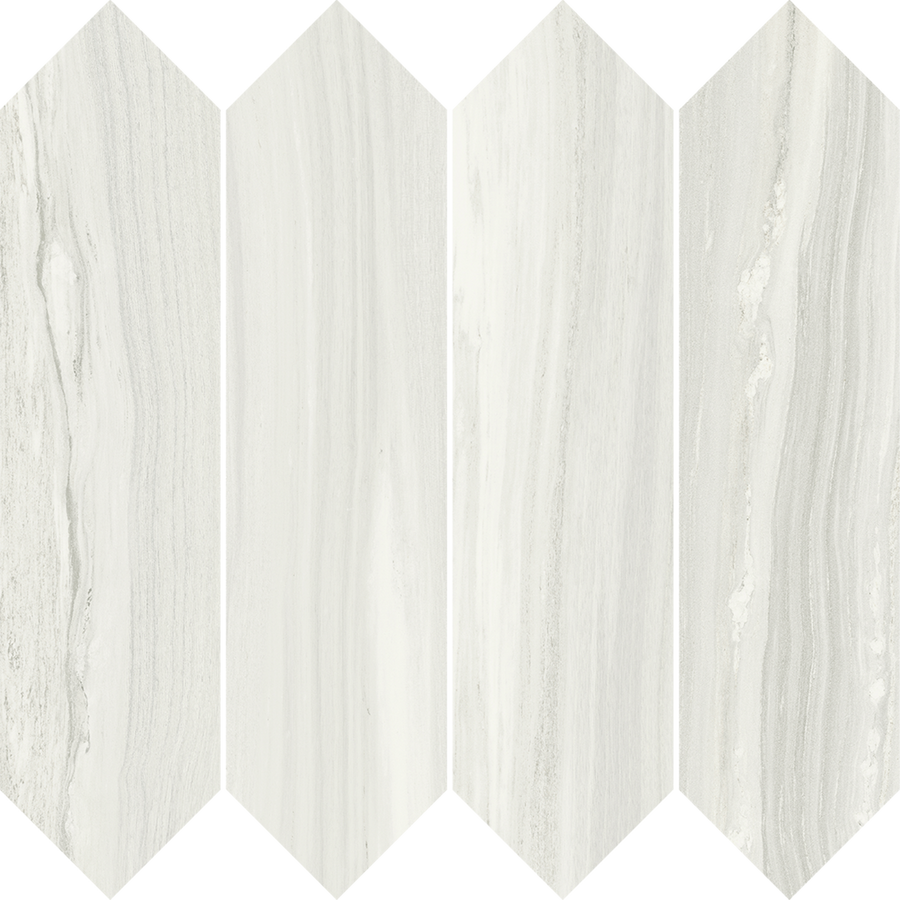 Element Picket Matte Mosaic Tile features a chevron-inspired design with white and light gray marble-like texture, long vertical shapes, and pointed ends for a subtle zigzag effect.