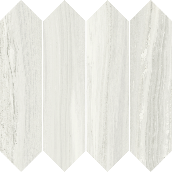 Element Picket Matte Mosaic Tile features a chevron-inspired design with white and light gray marble-like texture, long vertical shapes, and pointed ends for a subtle zigzag effect.