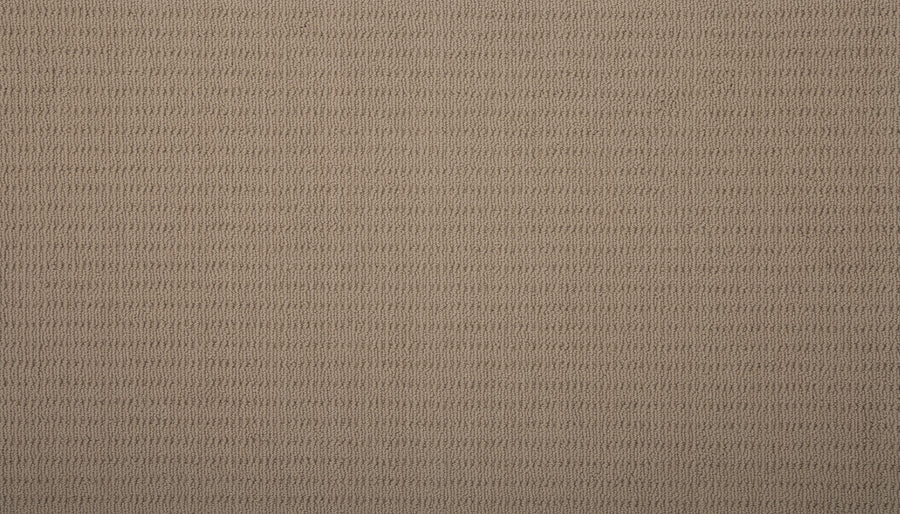 Close-up of Eloquent Vision Family Friendly Carpet in textured beige, featuring a repeating horizontal ribbed pattern for a subtle striped look. The soft, woven material evokes luxury cut and loop carpet, ideal for homes seeking both style and comfort.
