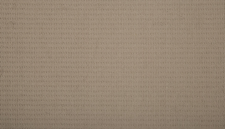 Close-up of Eloquent Vision Family Friendly Carpet in beige, featuring a soft, knitted look with a textured horizontal ribbed pattern that resembles luxury cut and loop carpet designs.