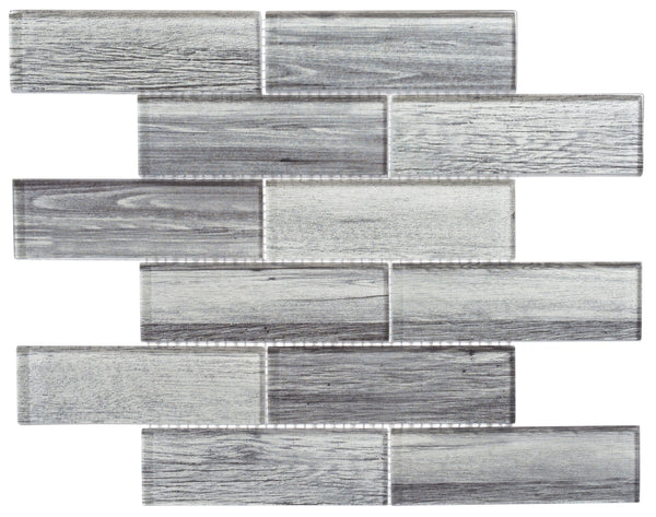 The Westminster Glass Mosaic features rectangular tiles in various gray shades with a wood grain texture, arranged in a staggered brick pattern—ideal for stylish backsplashes or shower tile accents.