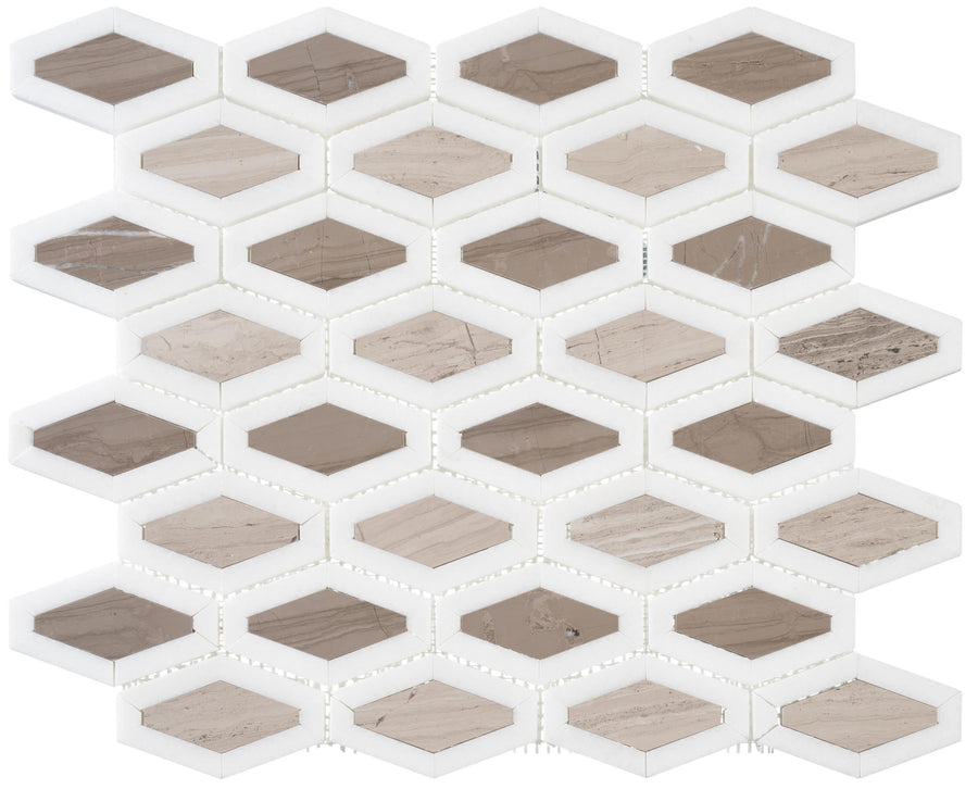The Garden Party Marble Mosaic features alternating white and taupe marble hexagons in a honeycomb pattern on mesh backing, highlighting the unique veining of each taupe tile.