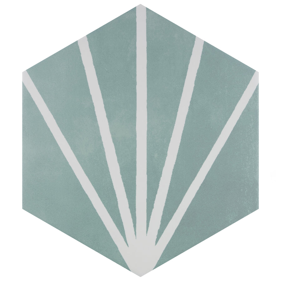 The Compass Hex 7 3/4" x 9" Ceramic Patterned Tile features a pale green hexagonal shape with five white lines radiating from one corner, forming a fan-like geometric design.