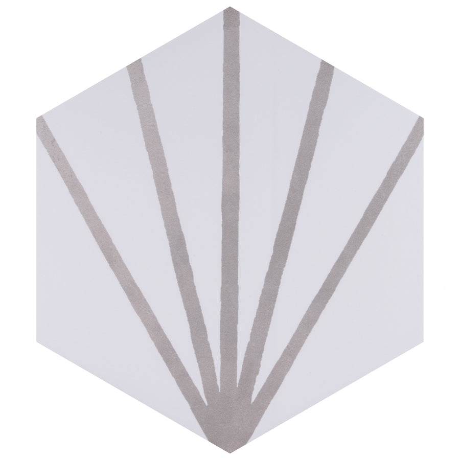 The Compass Hex 7 3/4" x 9" Ceramic Patterned Tile is a white hexagonal tile with five gray lines fanning upward from one corner, ideal for adding a stylish accent to floors and walls.