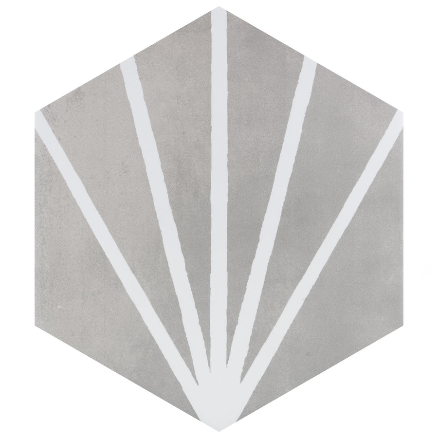 The Compass Hex 7 3/4" x 9" Ceramic Patterned Tile features a gray hexagon design with five white lines radiating upwards in a fan pattern—an ideal, unique choice for both floor and wall tile applications.