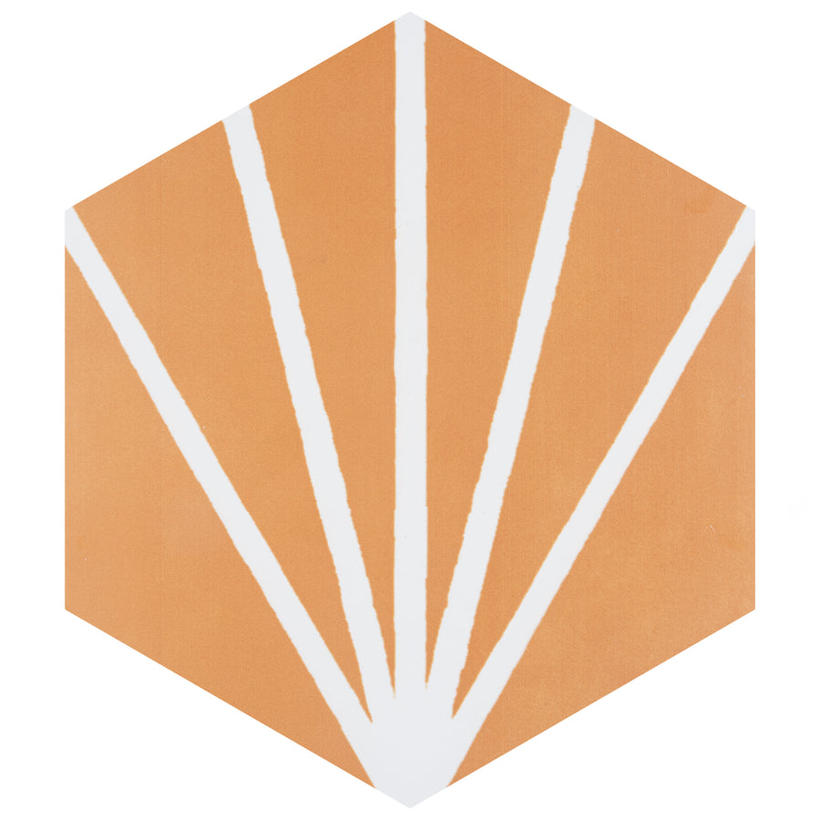 The Compass Hex 7 3/4" x 9" Ceramic Patterned Tile features a hexagonal shape, an orange background, and five white lines radiating from the bottom center, creating a fan-like pattern ideal for floor and wall use.