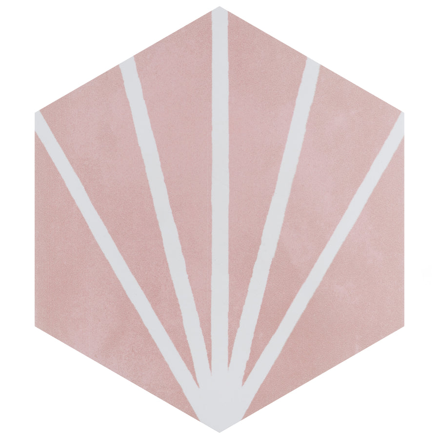 The Compass Hex 7 3/4" x 9" Ceramic Patterned Tile features a pink hexagon design with white lines in a geometric fan pattern, ideal as a bold ceramic choice for both floor and wall tile installations.