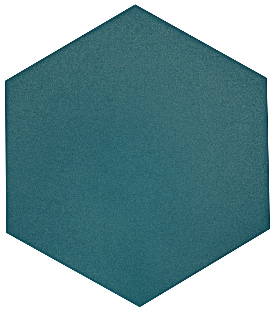 The Watercolor 8x9 Hexagon Matte Ceramic Tile features a solid teal color and subtle texture, centered on a white background to evoke the elegance of geometric shapes.