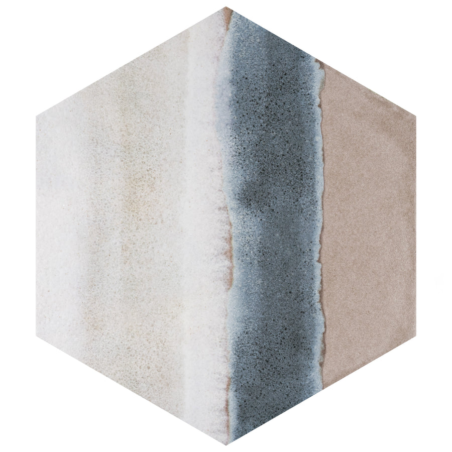 The Rembrandt Hex 7 7/8" x 9" Porcelain Tile features a watercolor-style gradient with beige, blue-gray stripe, and off-white tones—ideal as a statement wall or floor hexagon tile.
