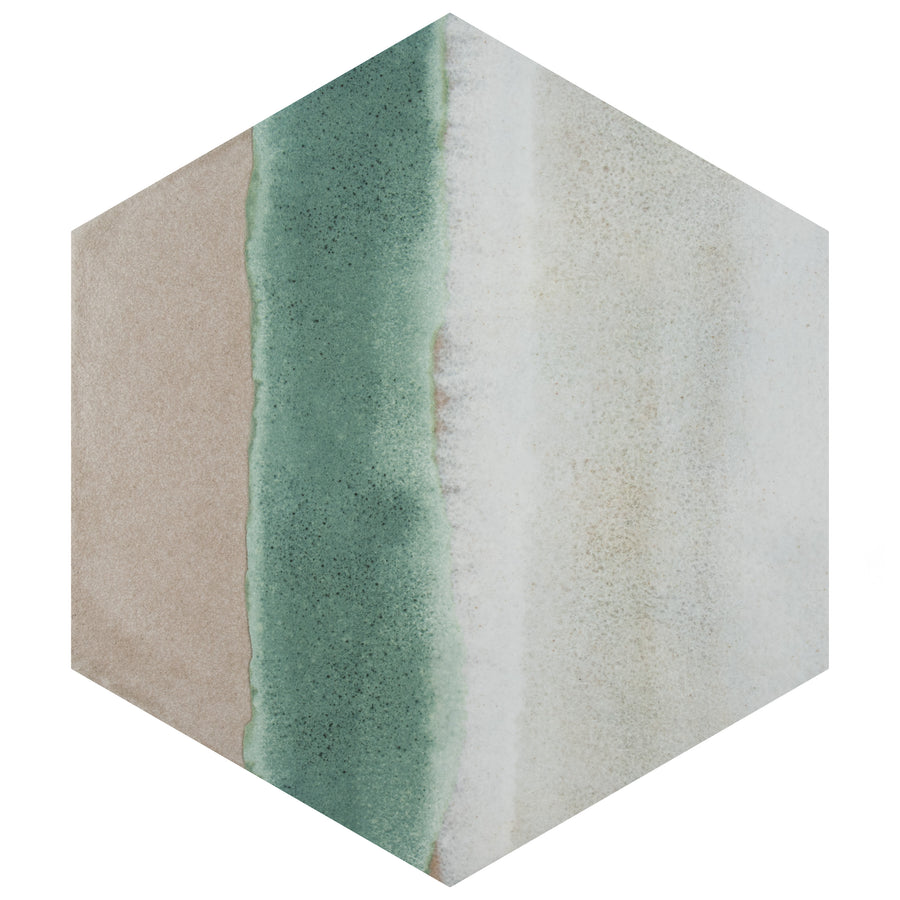 The Rembrandt Hex 7 7/8" x 9" Porcelain Tile showcases three vertical stripes—beige, green, and off-white—with subtle texture and gradients, making it an eye-catching choice for unique wall applications.