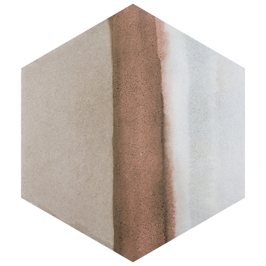 The Rembrandt Hex 7 7/8" x 9" Porcelain Tile features a textured hexagonal design with beige on the left, a central reddish-brown stripe, and a blue-white gradient—ideal as a unique wall or hex floor tile.