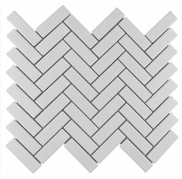Metro Brick Herringbone Mosaic Tile features rectangular white tiles in a herringbone pattern on a white background, creating a zigzag, interlocking design.