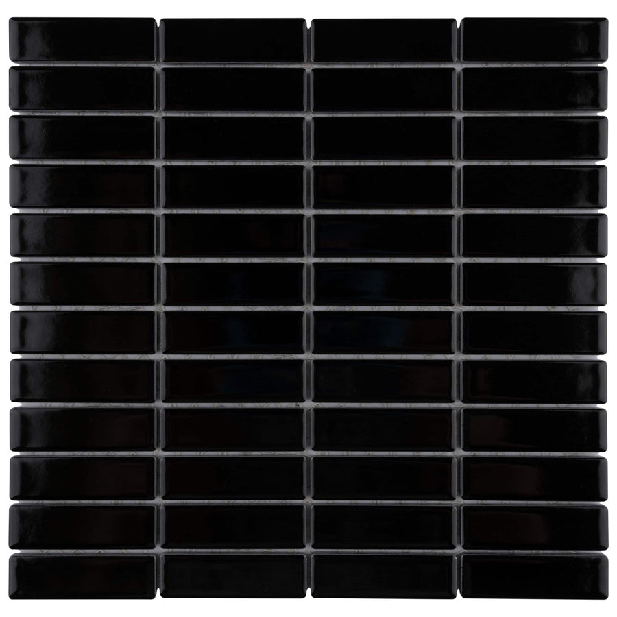 A grid of shiny, rectangular Metro Brick Stacked Mosaic Tiles in black, arranged horizontally with thin grout lines between each tile.
