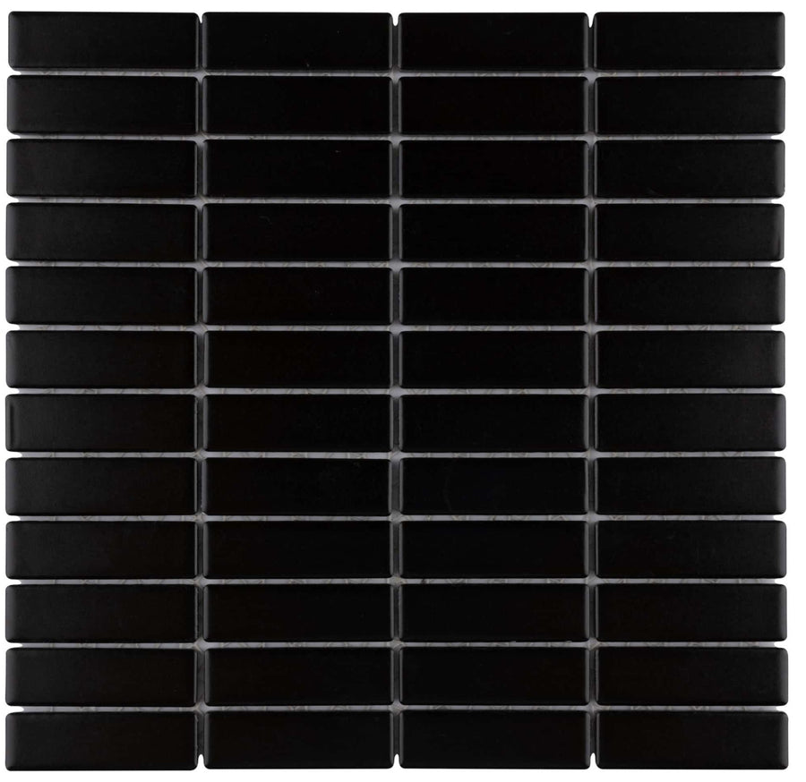 Metro Brick Stacked Mosaic Tile features black rectangular tiles arranged in a sleek, uniform grid with narrow horizontal and vertical grout lines for a modern look.