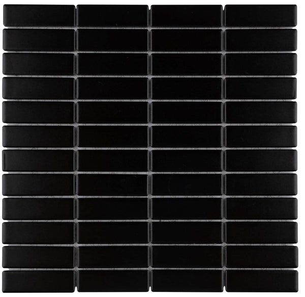 Metro Brick Stacked Mosaic Tile features black rectangular tiles arranged in a sleek, uniform grid with narrow horizontal and vertical grout lines for a modern look.