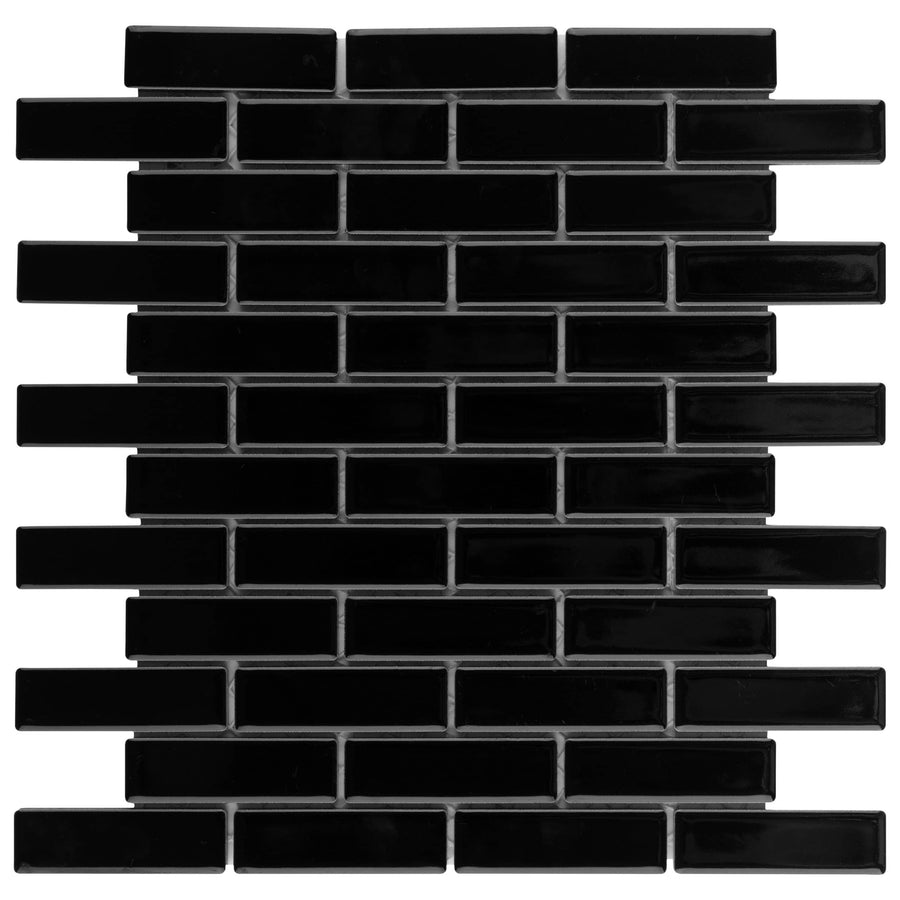 Metro Brick Offset Mosaic Tile features glossy black rectangular porcelain pieces in a staggered brick pattern with white grout, ideal as a bold backsplash or for creating modern wall and floor designs.