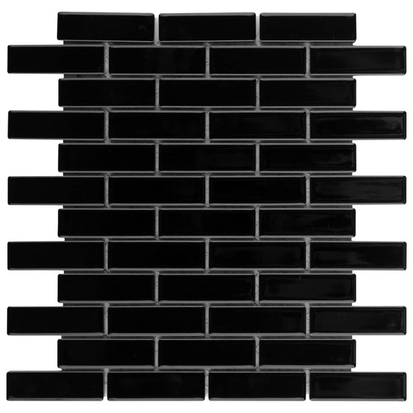 Metro Brick Offset Mosaic Tile features glossy black rectangular porcelain pieces in a staggered brick pattern with white grout, ideal as a bold backsplash or for creating modern wall and floor designs.