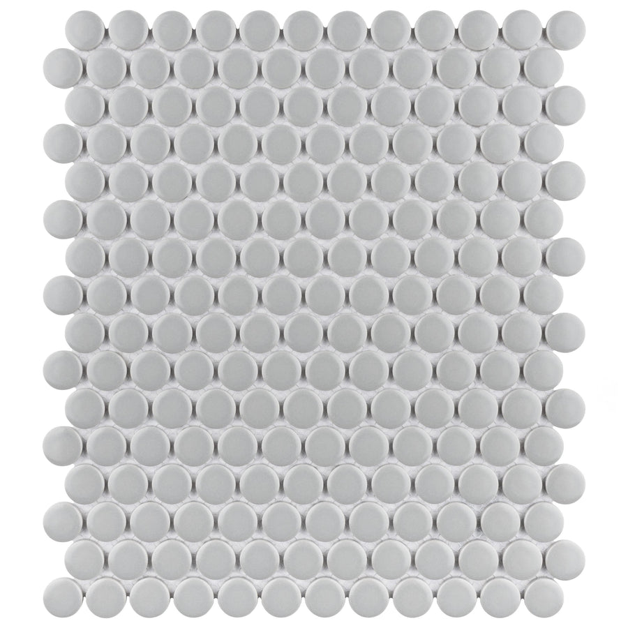 The Metro Penny Round Mosaic Tile features an evenly spaced grid of round white tiles arranged in a rectangular pattern against a white background, offering a timeless retro look.