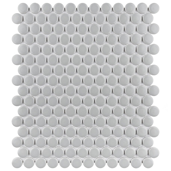 The Metro Penny Round Mosaic Tile features an evenly spaced grid of round white tiles arranged in a rectangular pattern against a white background, offering a timeless retro look.