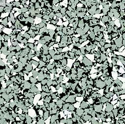 A close-up of Fitness Flooring High Performance 23 x 23 Rubber Interlocking Tile shows a speckled pattern of small, irregular light gray and white flakes on rubber, offering a textured surface ideal for fitness flooring.