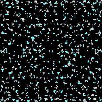 The Fitness Flooring High Performance 23 x 23 Rubber Interlocking Tile features a black background with scattered small, irregular light blue and white shapes, creating an abstract, random pattern reminiscent of modern fitness flooring.